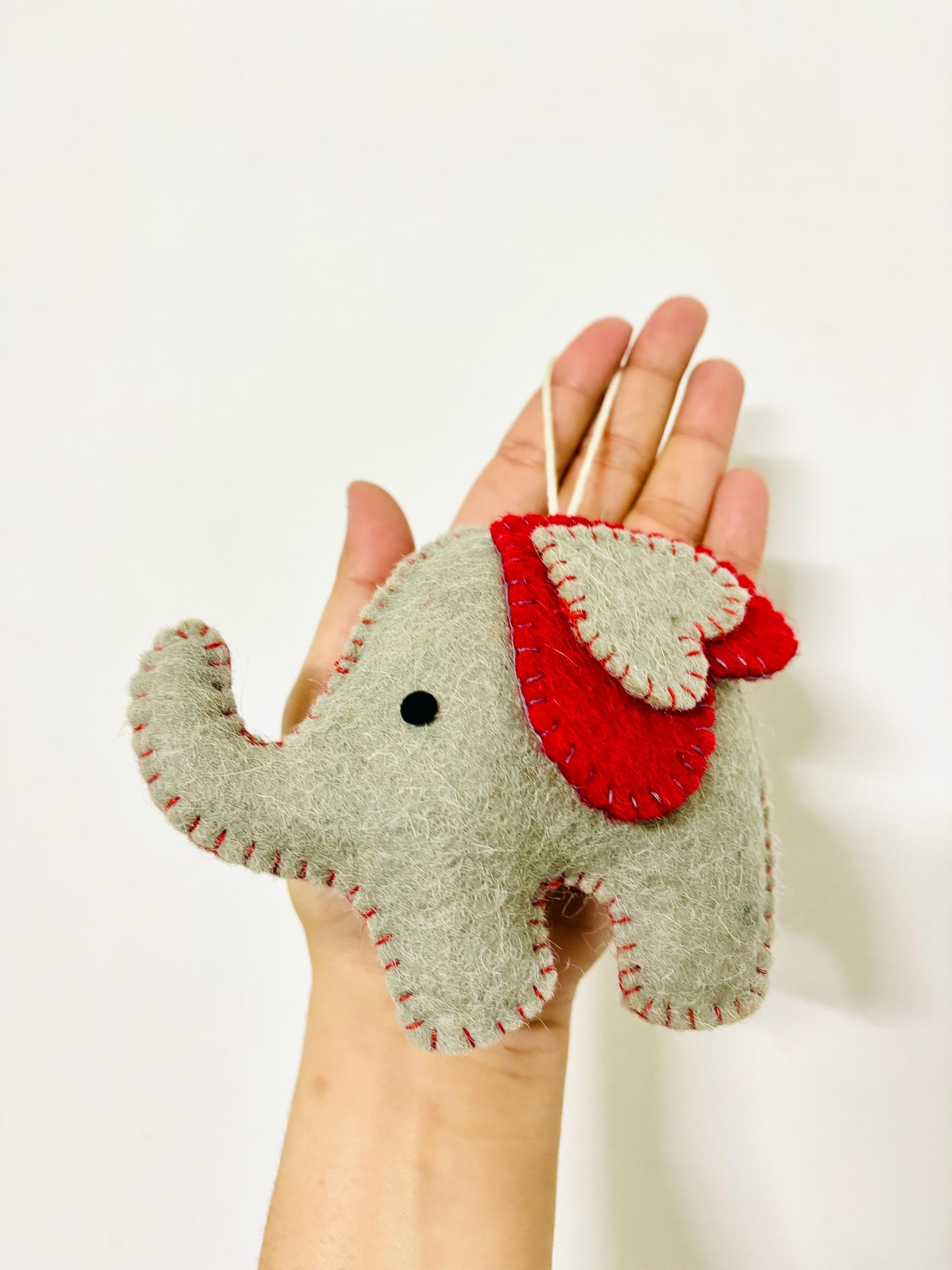 Handmade Wool Felt Elephant Christmas Ornament: Grey & Red Decor