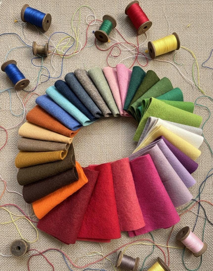 Wool fabric swatches arranged in a circular pattern with spools of thread on a textured fabric background.