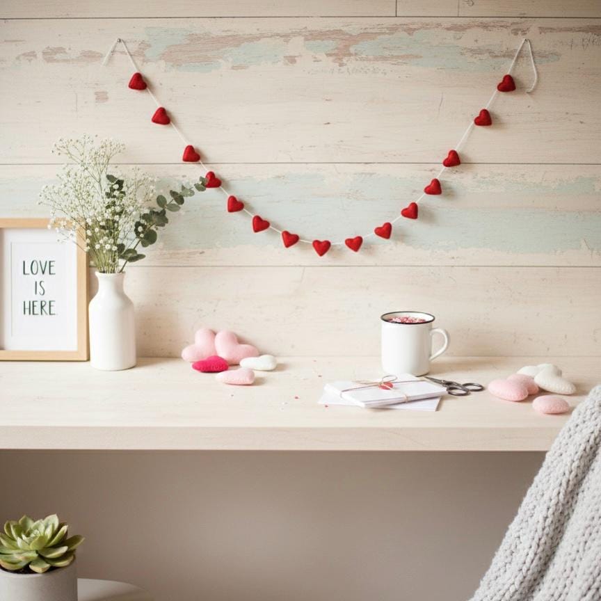 Handmade Wool Felt Hearts Garland Valentine’s Day Decor Wedding and Anniversary Decoration Bridal Shower & Engagement Decor