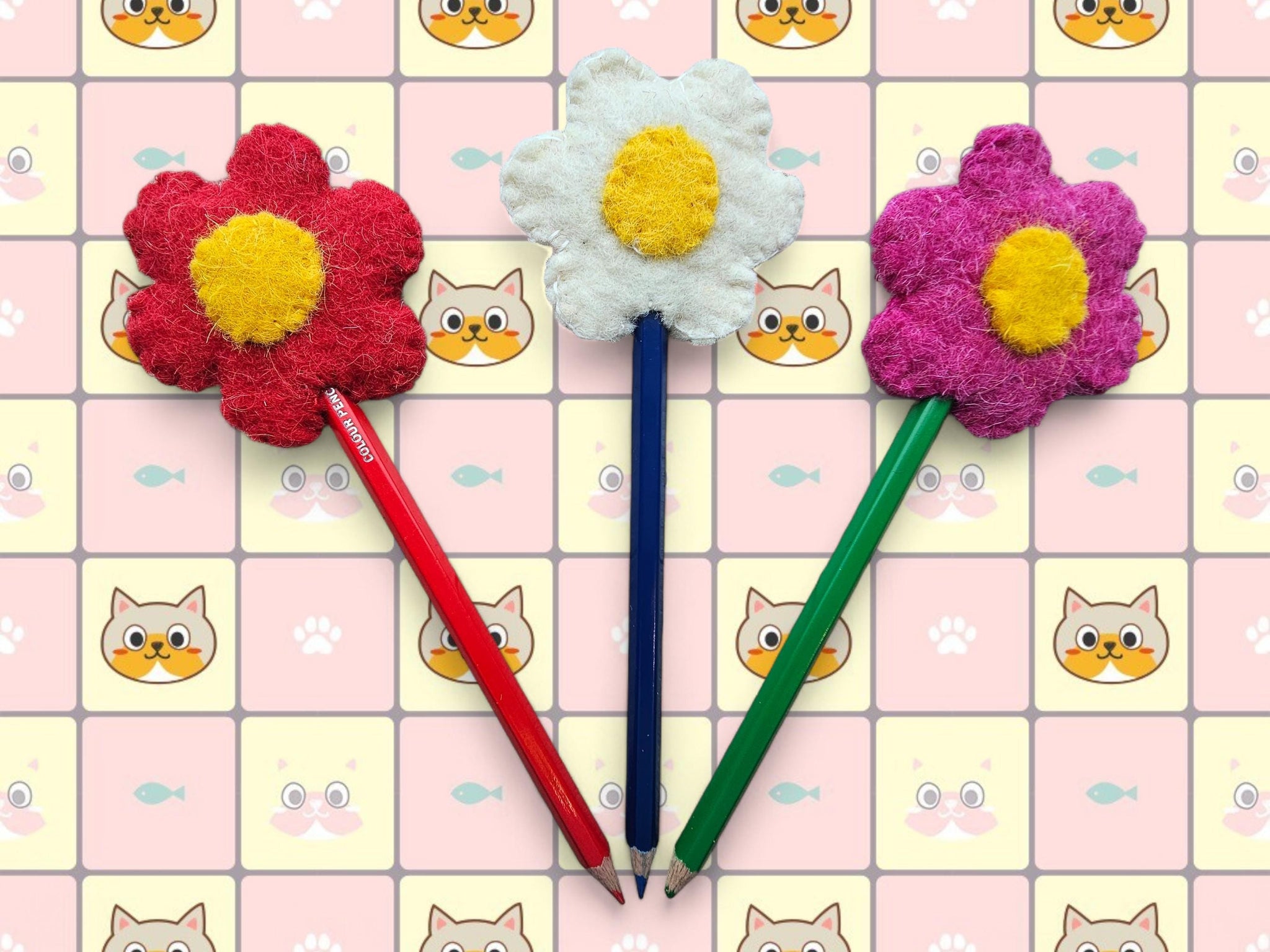 Handmade Wool Felt Daisy Flower Pencil Toppers Set, Party Favors, Classroom Rewards