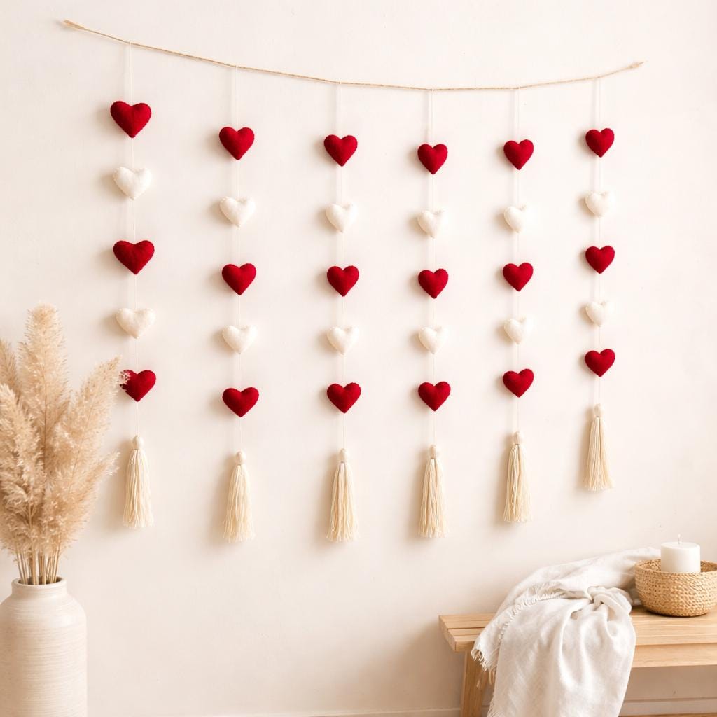 Valentine’s Day Hearts Decor Handmade Wool Felt Hearts Decoration Romantic Home Decor Heart Garland for Wall & Room Styling