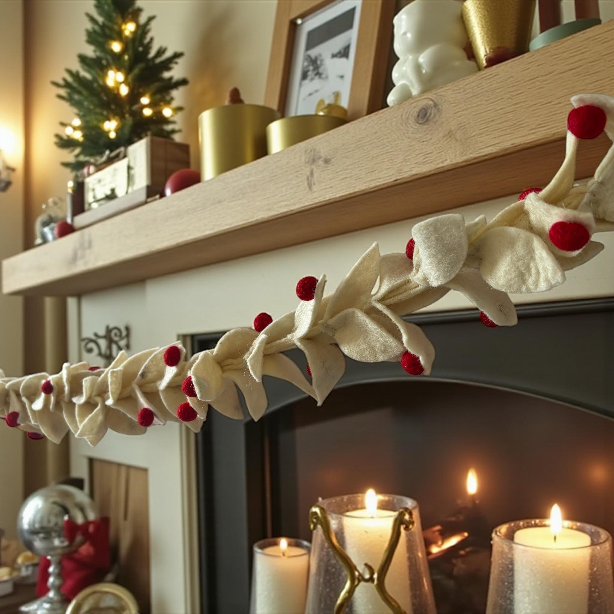 Wool Felt Christmas Garland, Cream Leaves, Red Berries, Handmade