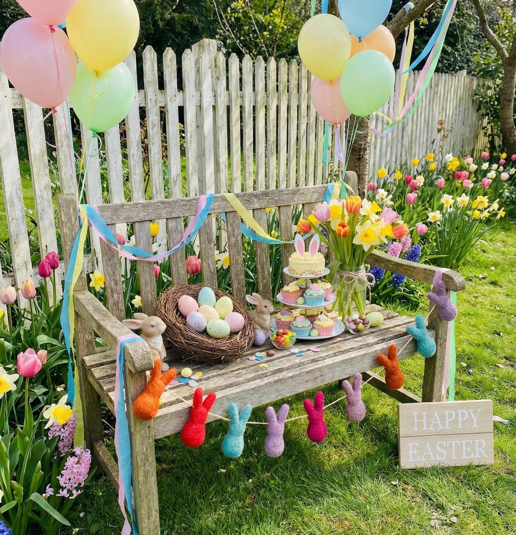 Decorative outdoor setup with Easter-themed items on a bench, including balloons and flowers, with 'Happy Easter' sign.