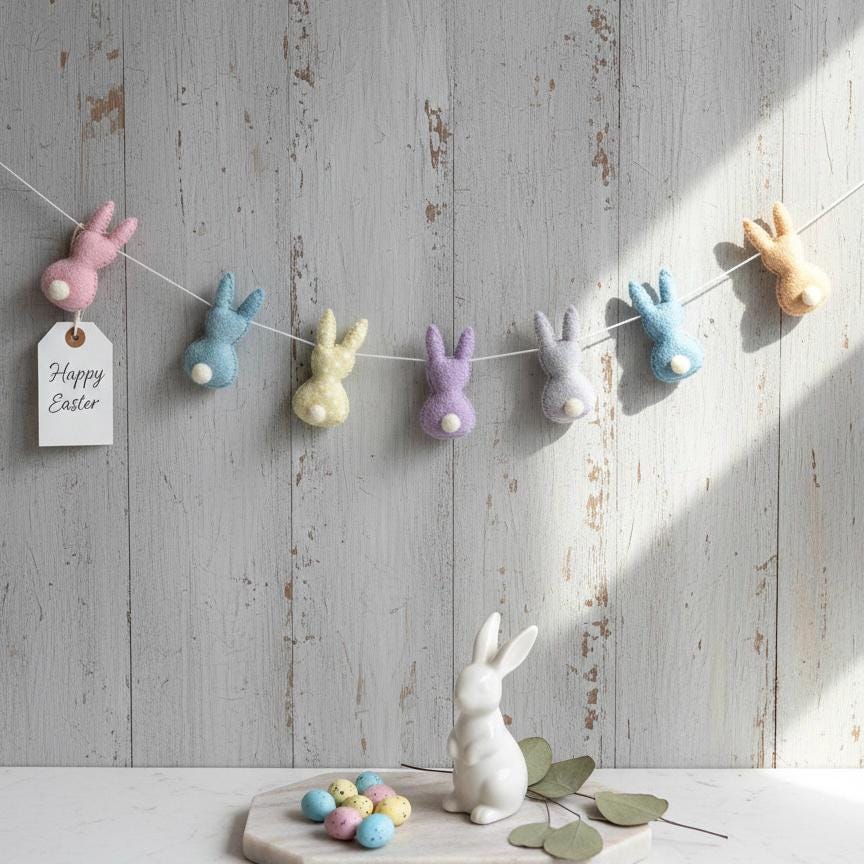 Handmade Wool Felt Bunny Rabbit Garland – Easter Spring Decor for Door, Wall & Mantle – Pastel Easter Bunny Banner – Nursery Easter Gift
