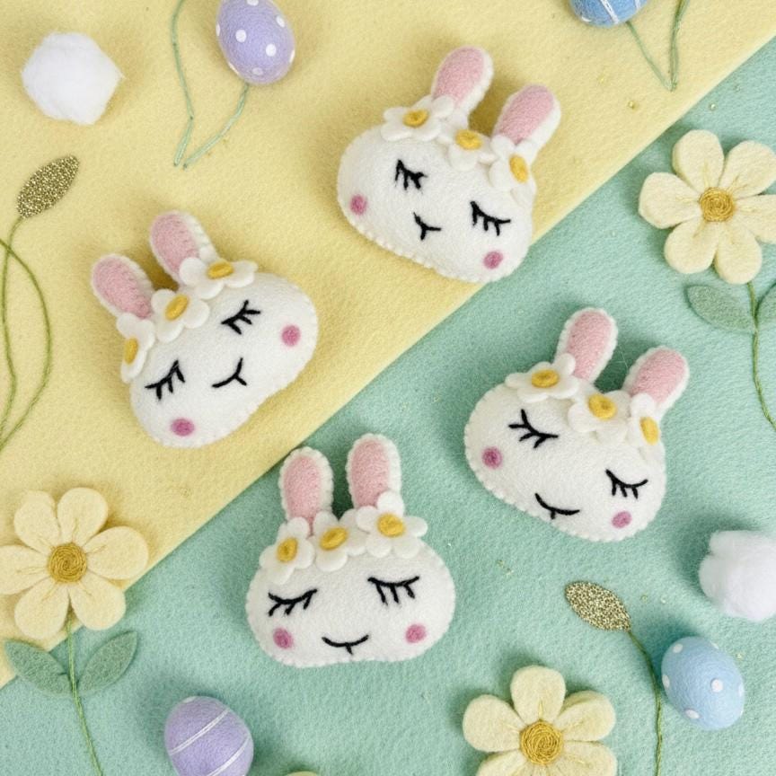 Handmade Wool Felt Easter Bunny Faces, Spring Decor, Set of 5