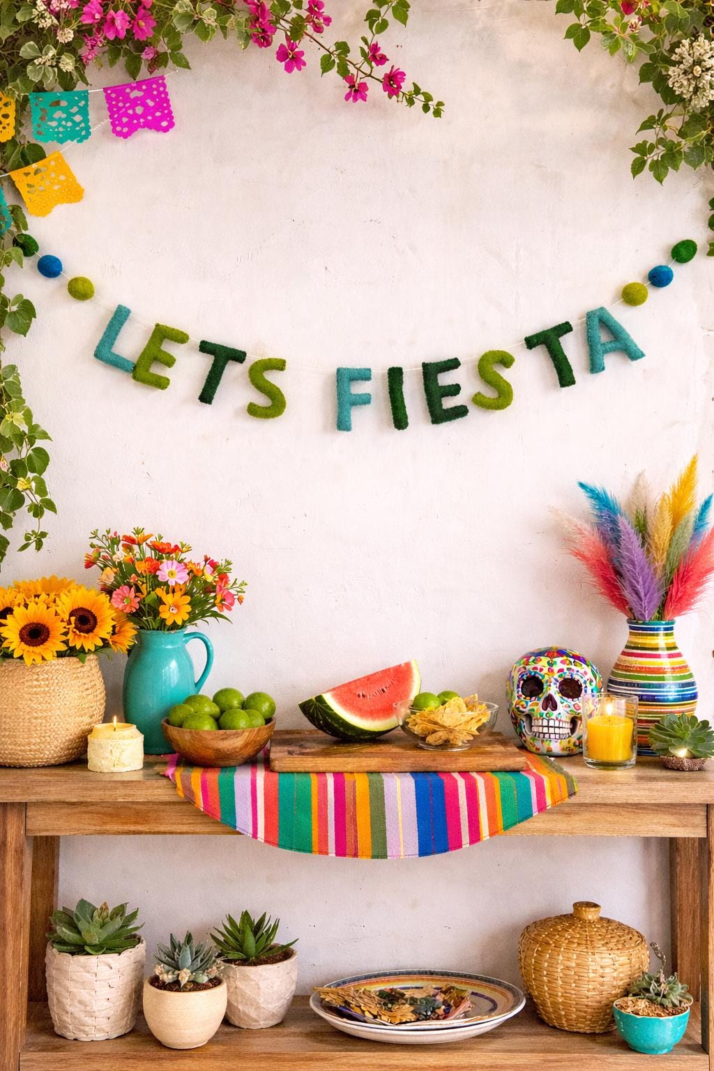 Let’s Fiesta Garland, Handmade Felt Party Banner, Fiesta Decor, Cinco de Mayo Decoration, Mexican Theme Party Sign, Taco Party Garland