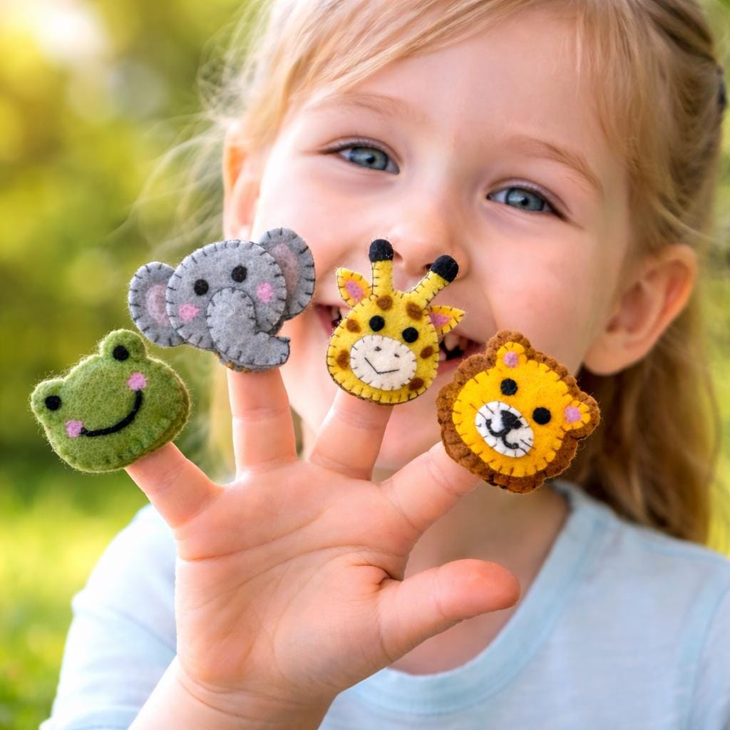 Wool Felt Safari Animal Finger Puppets Set of 4, Kids Birthday Party Favours, Jungle Animal Pretend Play Toy, Montessori Gift for Toddlers