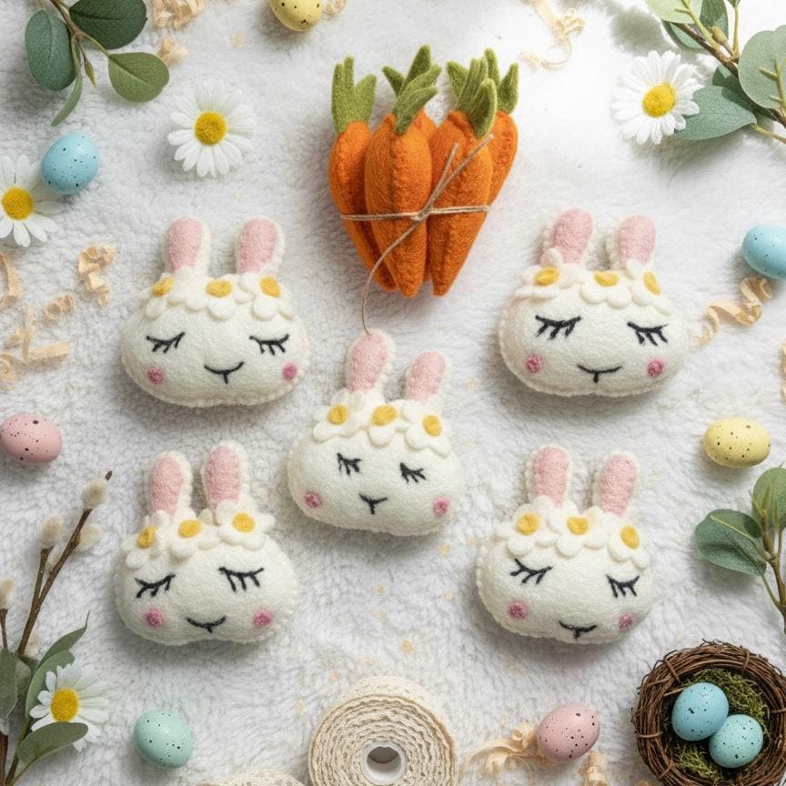 Handmade Wool Felt Easter Bunny Faces, Spring Decor, Set of 5