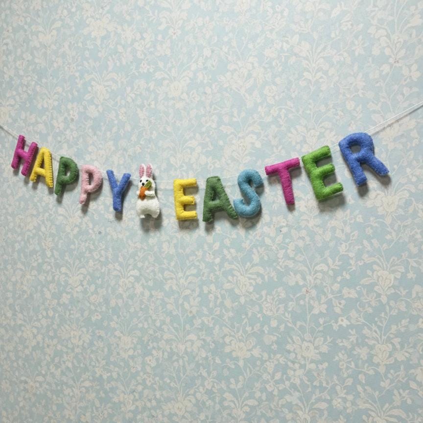 Wool Felt Happy Easter Garland – Handmade Spring Bunny Banner – Easter Door Decor, Mantle & Wall Hanging, Easter Gift