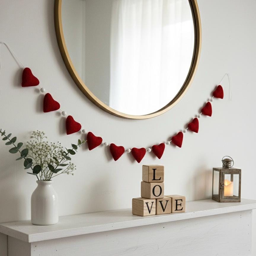 Wool Felt Handmade Heart Garland | Valentine’s Day Decor | Wedding & Anniversary Decoration | Romantic Bedroom Wall Decor | Couple Gift