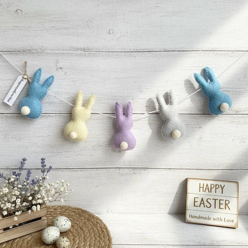 Handmade Wool Felt Bunny Rabbit Garland – Easter Spring Decor for Door, Wall & Mantle – Pastel Easter Bunny Banner – Nursery Easter Gift