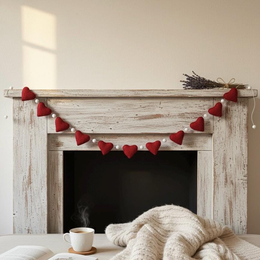 Wool Felt Handmade Heart Garland | Valentine’s Day Decor | Wedding & Anniversary Decoration | Romantic Bedroom Wall Decor | Couple Gift