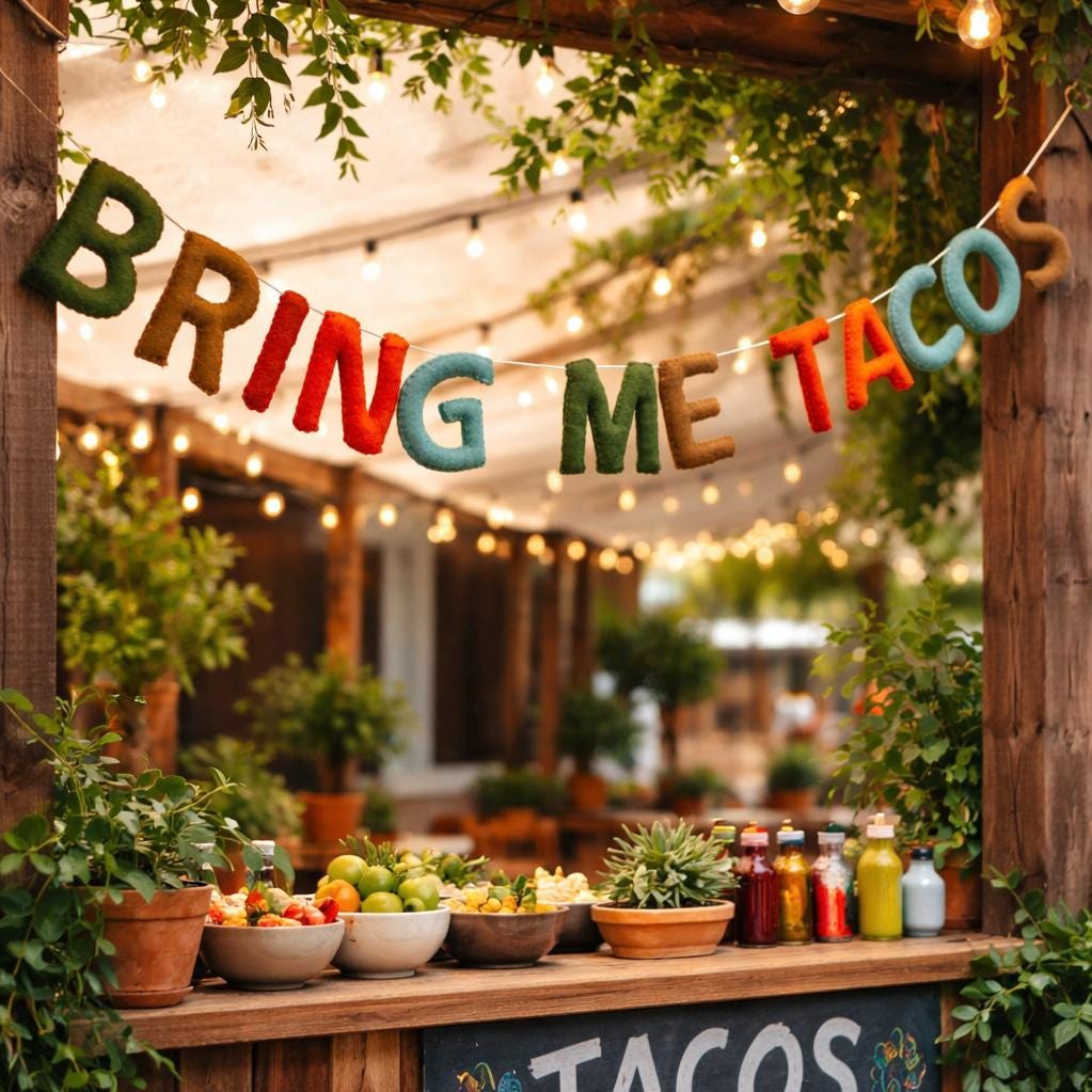 Bring Me Tacos Garland, Fiesta Party Banner, Handmade Felt Garland, Taco Party Decor, Cinco de Mayo Decorations, Mexican Theme Party Sign