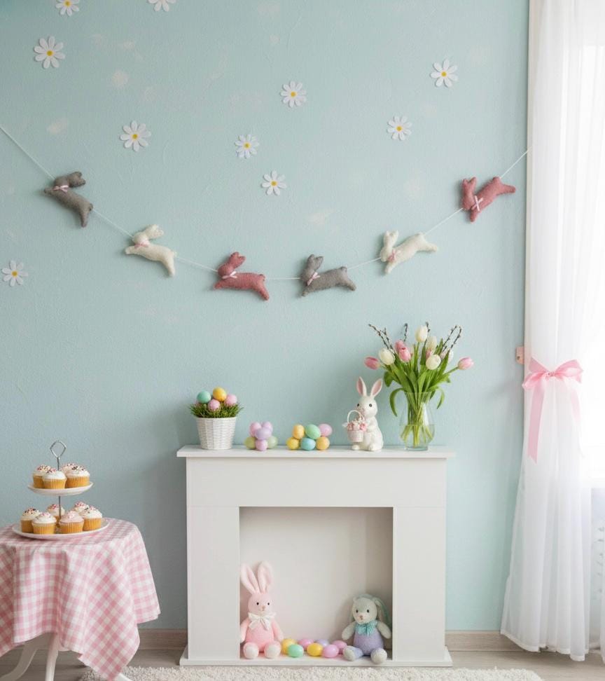 Wool Felt Bunny Garland – Handmade Easter Rabbit Decor – Spring Nursery Banner – Easter Home Decoration – Soft Felt Bunny Gift