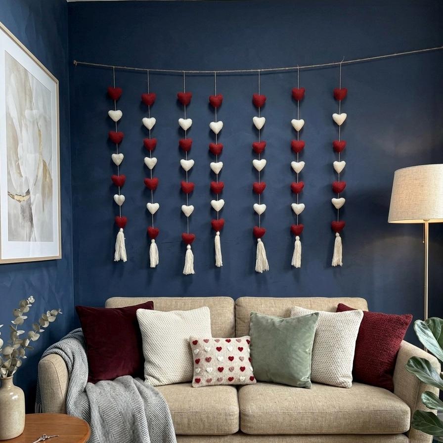 Valentine’s Day Hearts Decor Handmade Wool Felt Hearts Decoration Romantic Home Decor Heart Garland for Wall & Room Styling