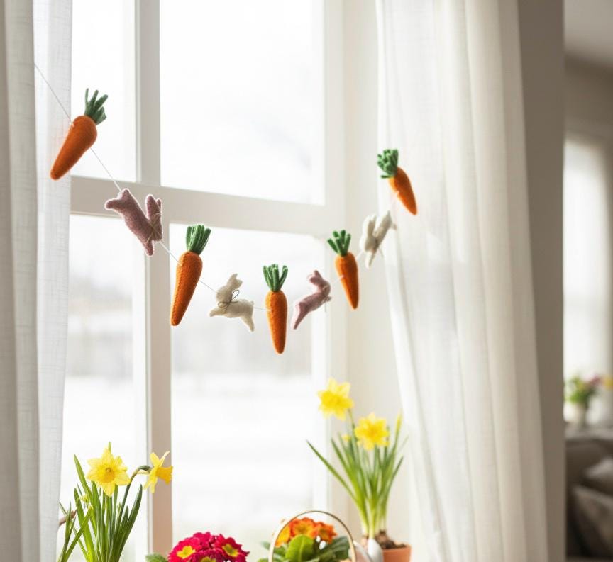 Wool Felt Easter Rabbit & Carrot Garland – Easter Decoration, Easter Bunting, Spring Wall Hanging, Easter Gift