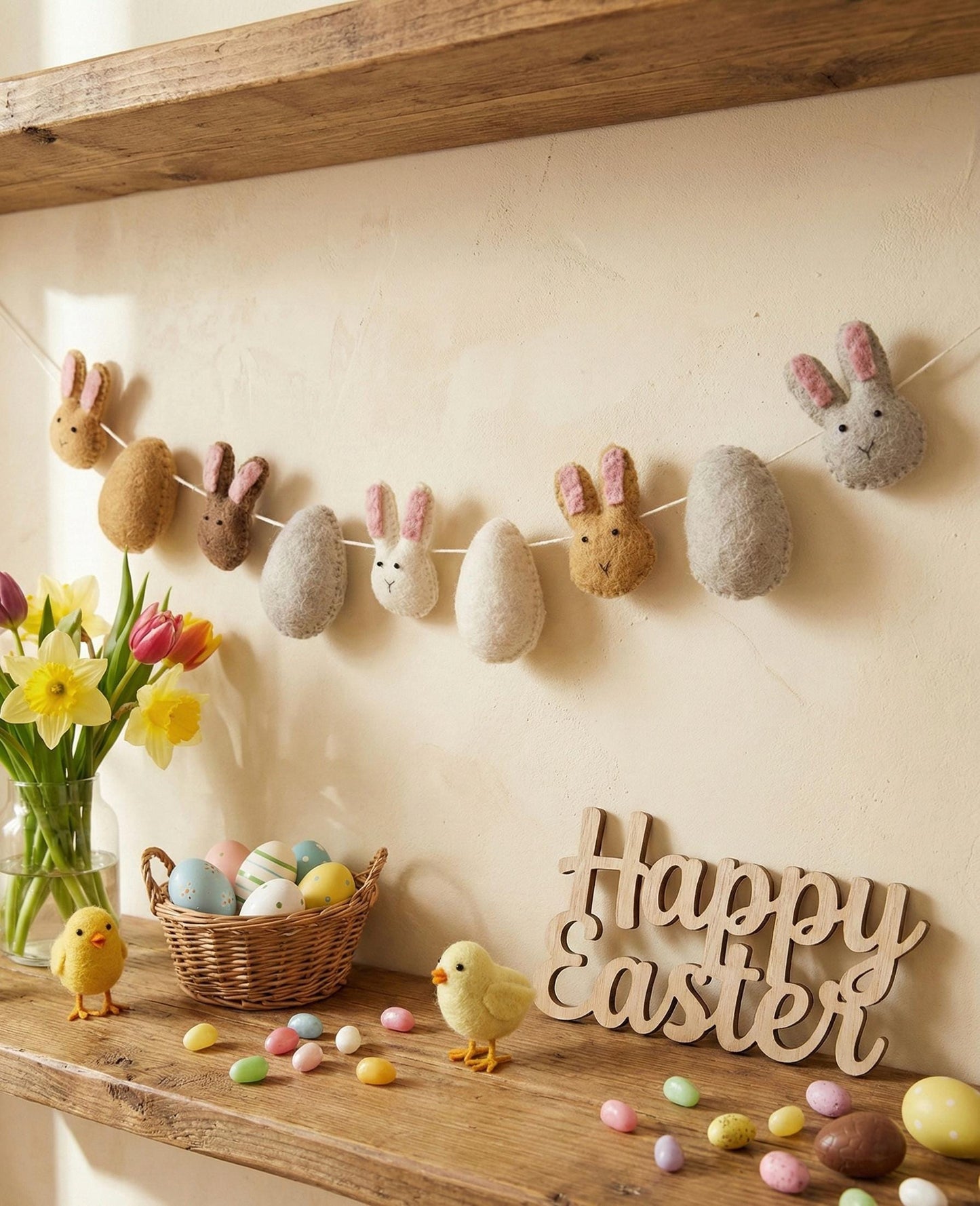 Wool Felt Easter Bunny Garland – Spring Bunny Banner for Easter Decor, Nursery Wall Hanging