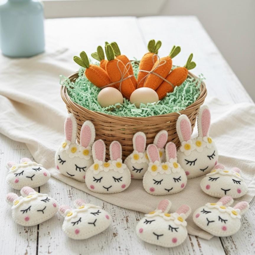 Handmade Wool Felt Easter Bunny Faces, Spring Decor, Set of 5