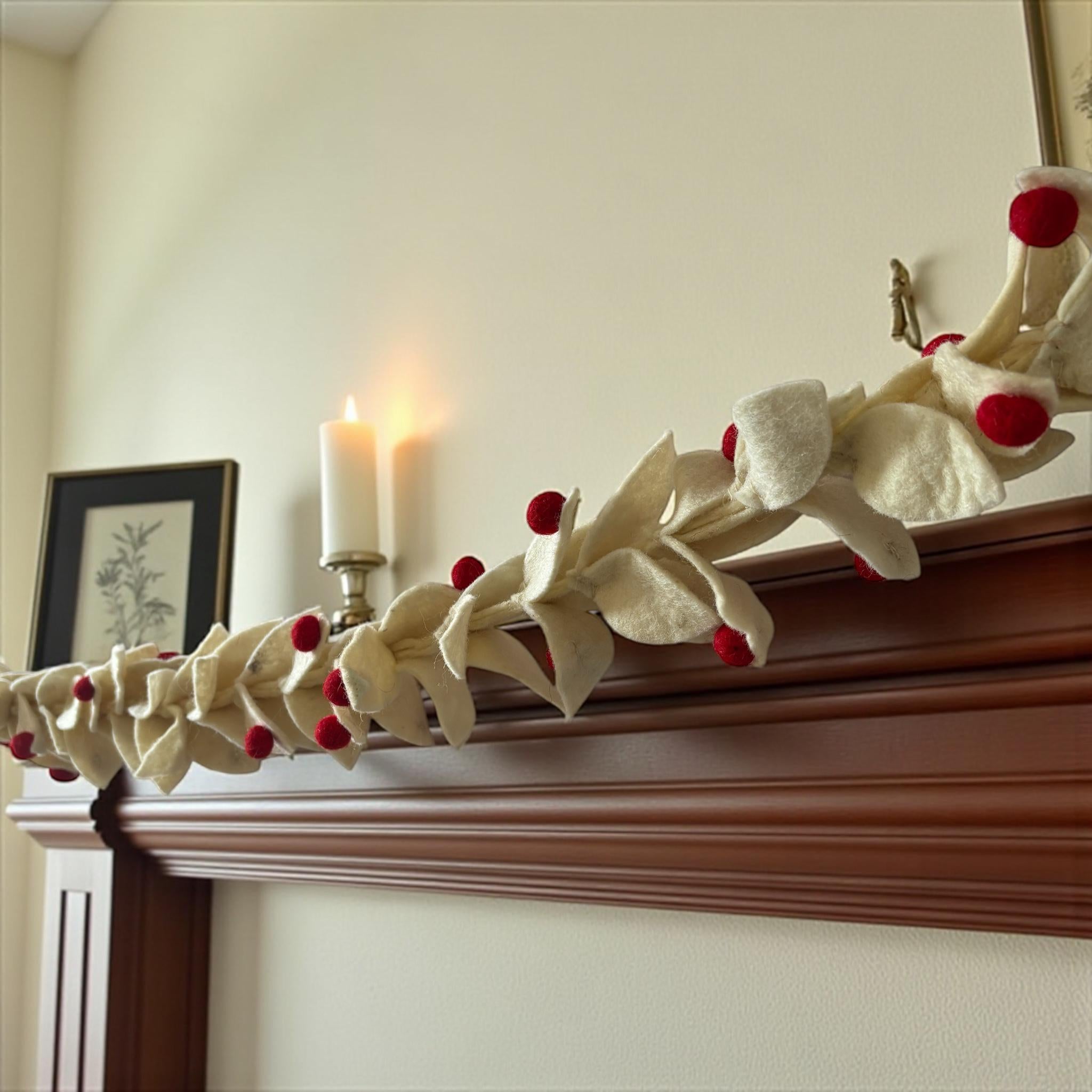 Wool Felt Christmas Garland, Cream Leaves, Red Berries, Handmade