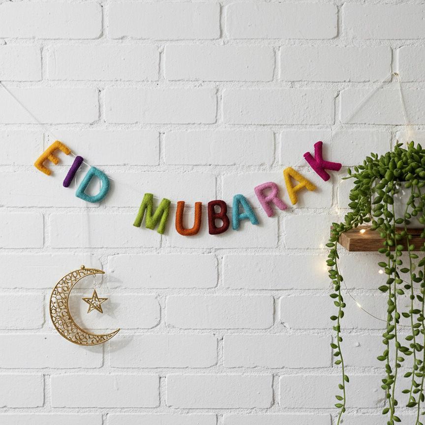 Eid Mubarak Garland | Wool Felt Handmade Islamic Home Decor | Eid Party Decoration | Thoughtful Gift for Family & Friends
