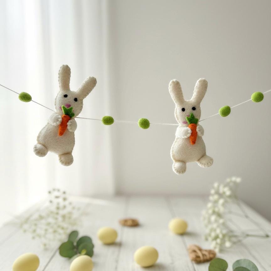 Wool Felt Easter Rabbit With Carrots Garland – Easter Decoration, Easter Bunting, Spring Wall Hanging, Easter Gift