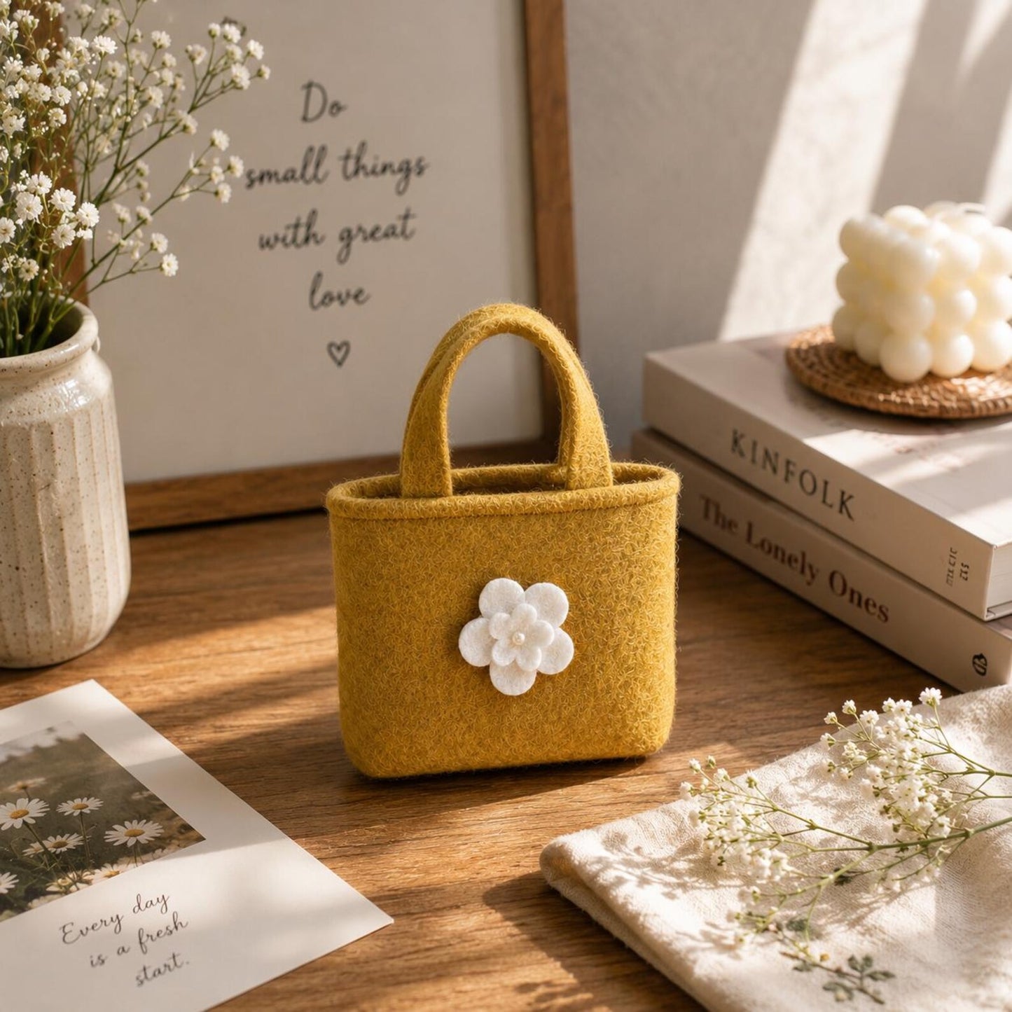 Personalized Felt Handbag with Custom Initial | Handmade Wool Flower Tote Bag for Women