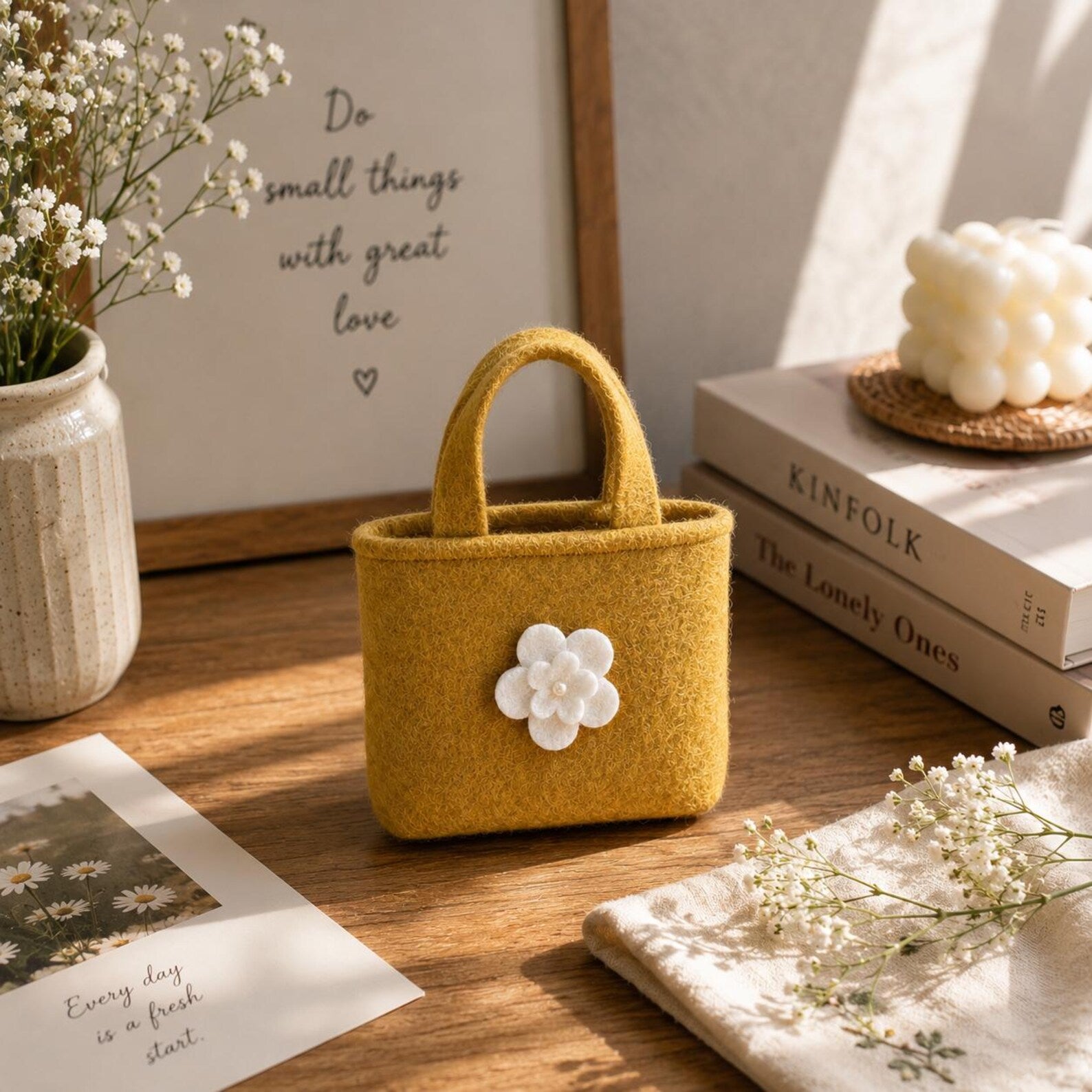 Personalized Felt Handbag with Custom Initial | Handmade Wool Flower Tote Bag for Women