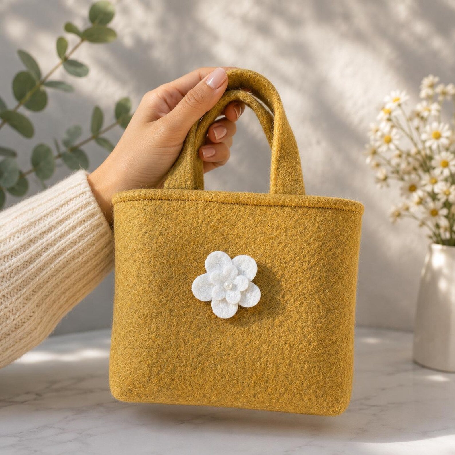 Personalized Felt Handbag with Custom Initial | Handmade Wool Flower Tote Bag for Women