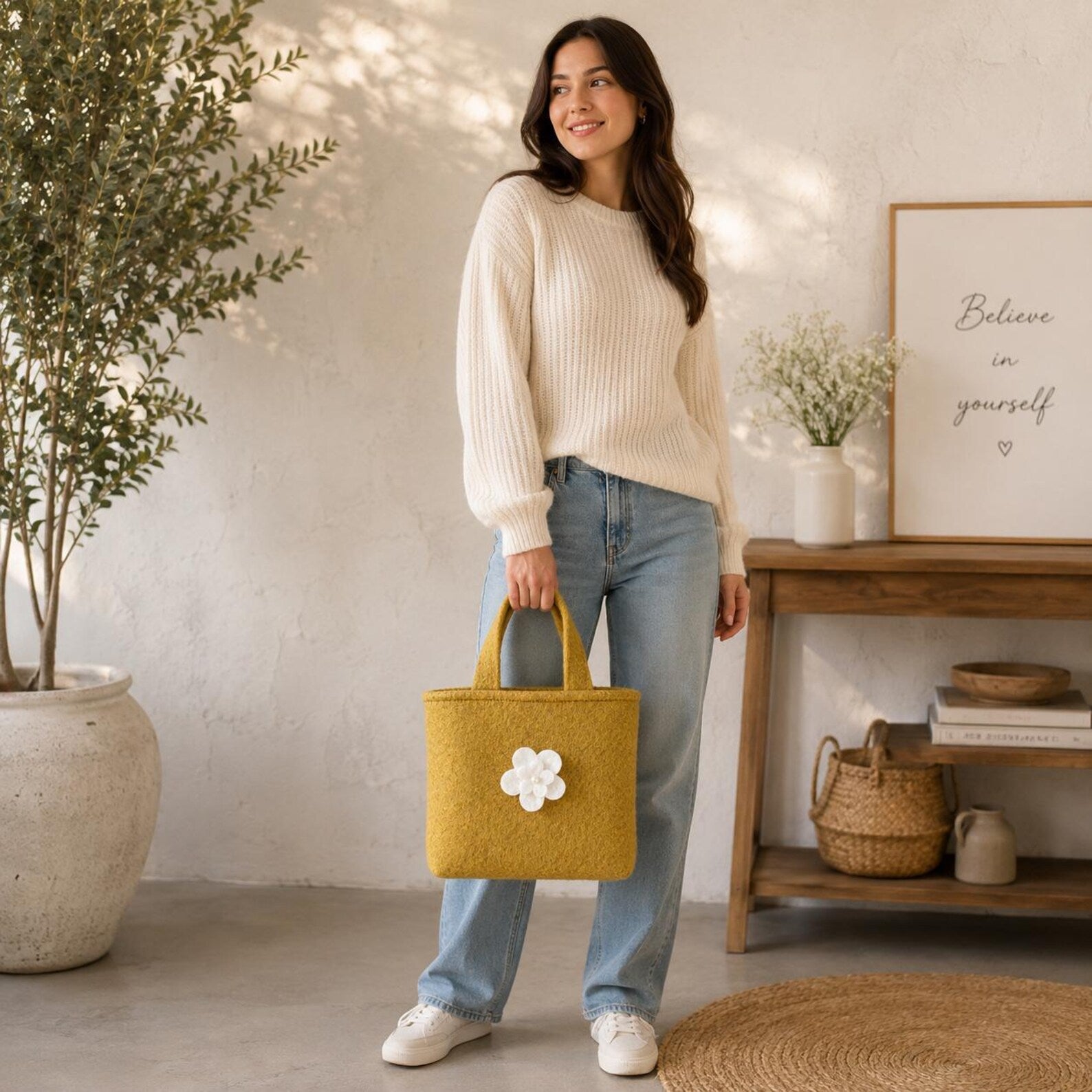 Personalized Felt Handbag with Custom Initial | Handmade Wool Flower Tote Bag for Women