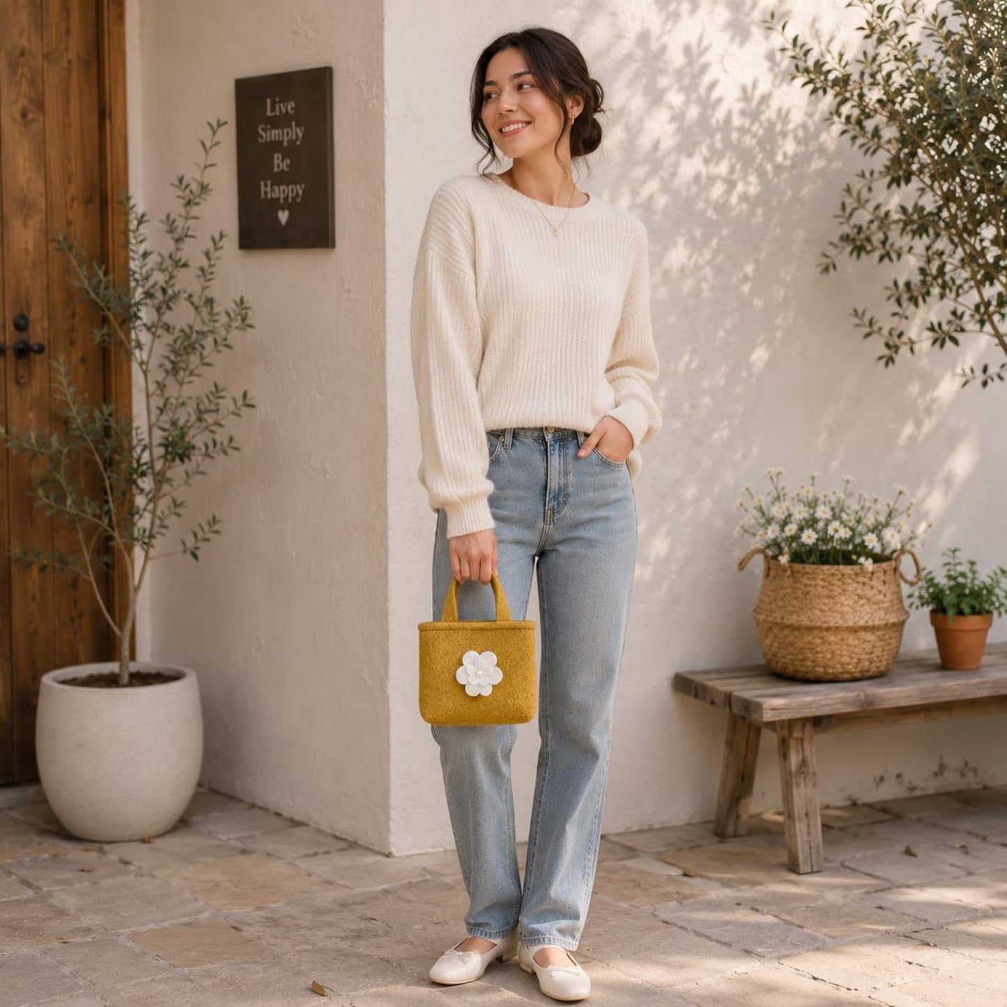 Personalized Felt Handbag with Custom Initial | Handmade Wool Flower Tote Bag for Women