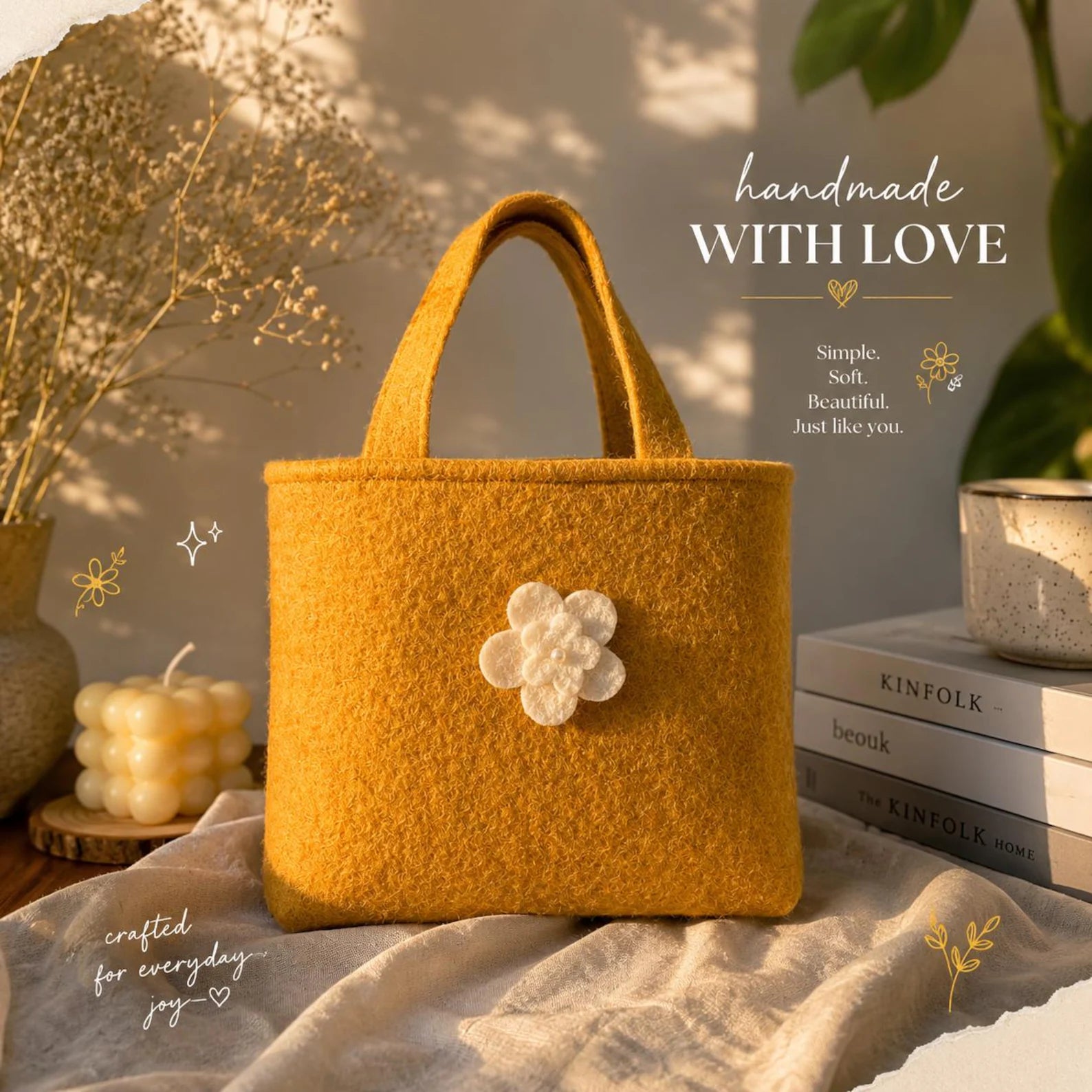 Personalized Felt Handbag with Custom Initial | Handmade Wool Flower Tote Bag for Women