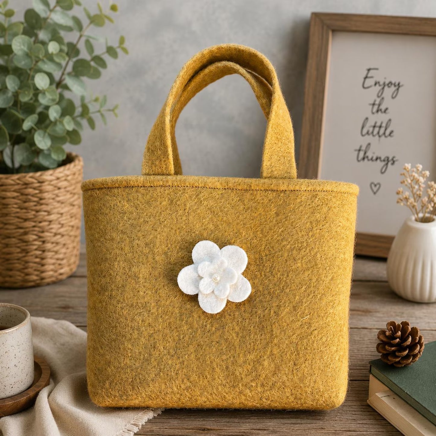 Personalized Felt Handbag with Custom Initial | Handmade Wool Flower Tote Bag for Women