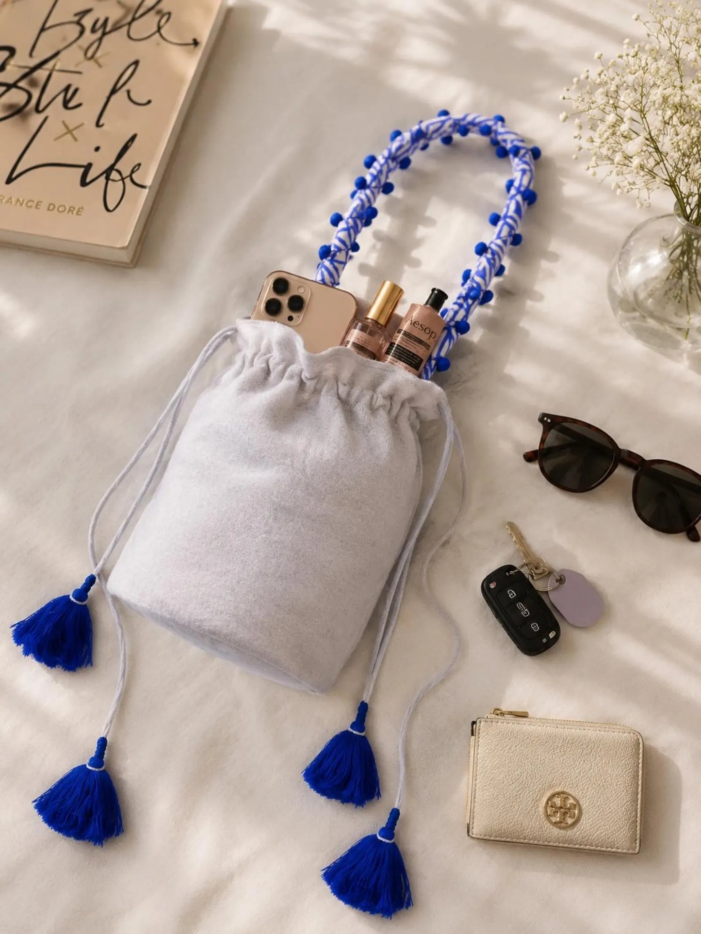 Boho Tassel Bucket Bag | Handmade Cotton Drawstring Shoulder Bag for Women