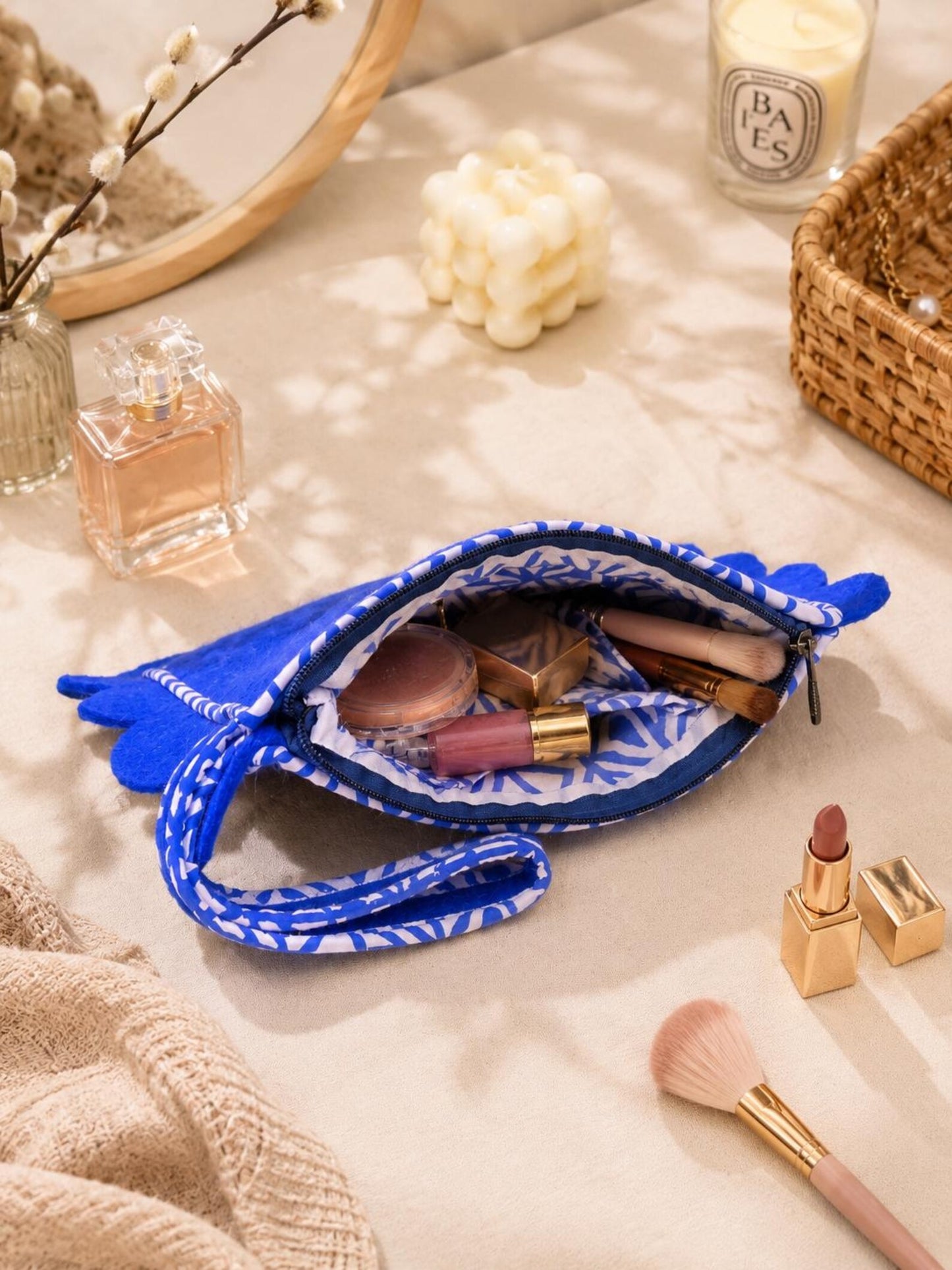 Personalized Wool Felt Makeup Pouch | Custom Monogram Cosmetic Bag & Travel Toiletry Organizer