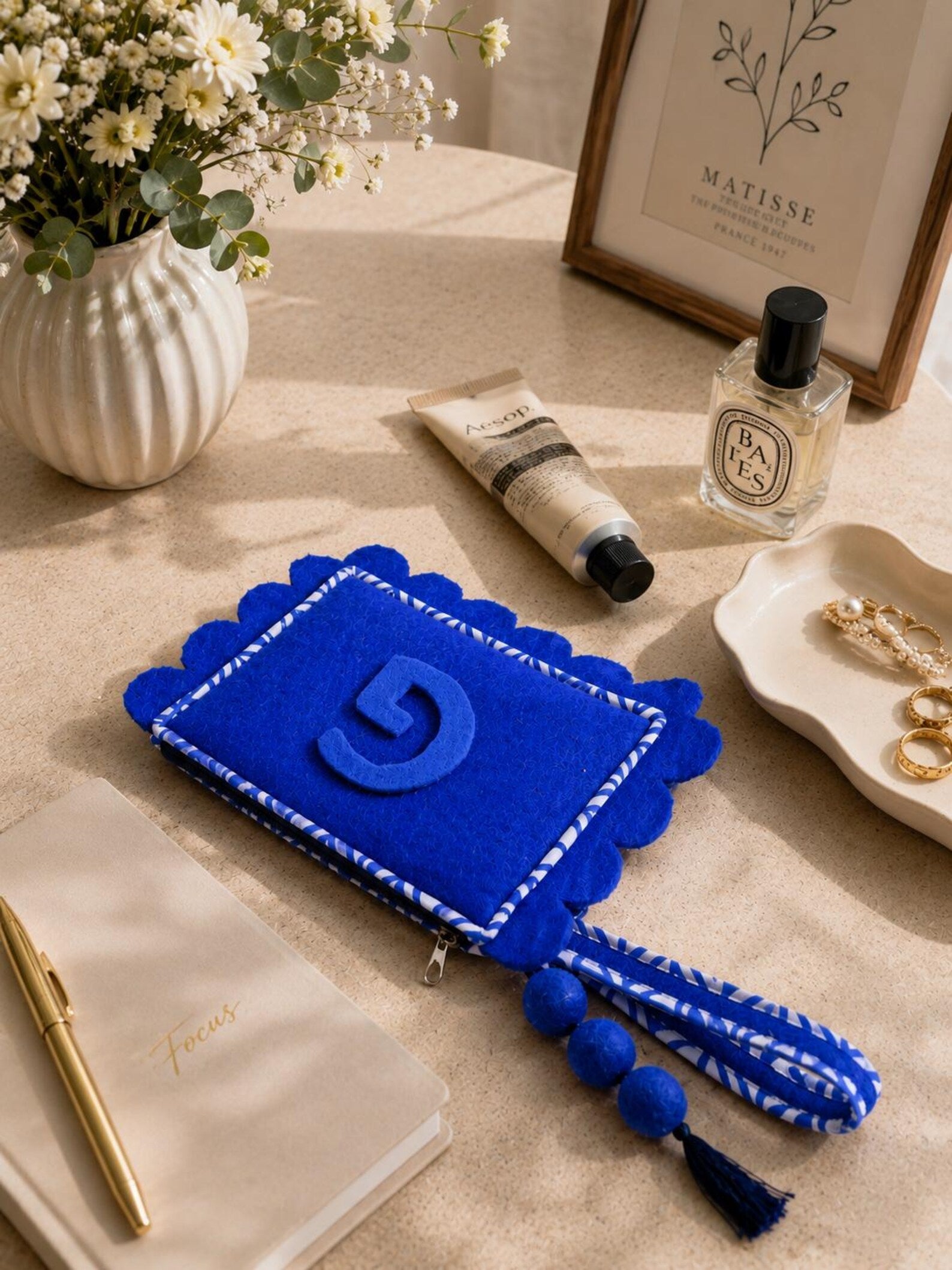 Personalized Wool Felt Makeup Pouch | Custom Monogram Cosmetic Bag & Travel Toiletry Organizer