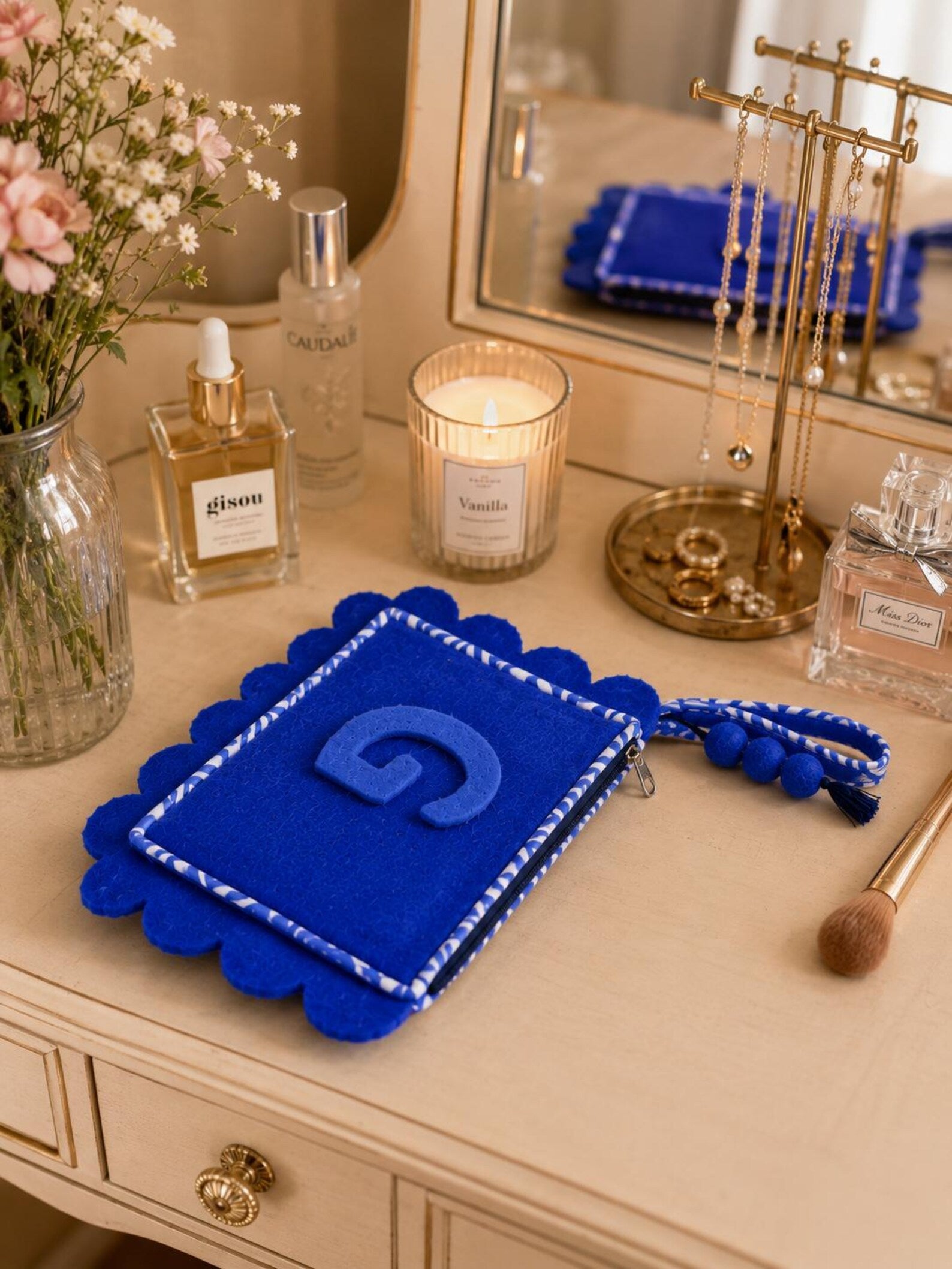 Personalized Wool Felt Makeup Pouch | Custom Monogram Cosmetic Bag & Travel Toiletry Organizer