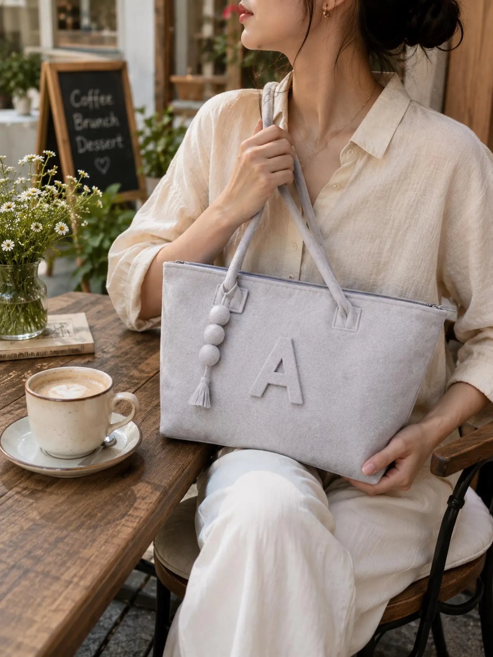 Personalized Wool Felt Tote Bag | Custom Monogram Work & Travel Handbag for Women