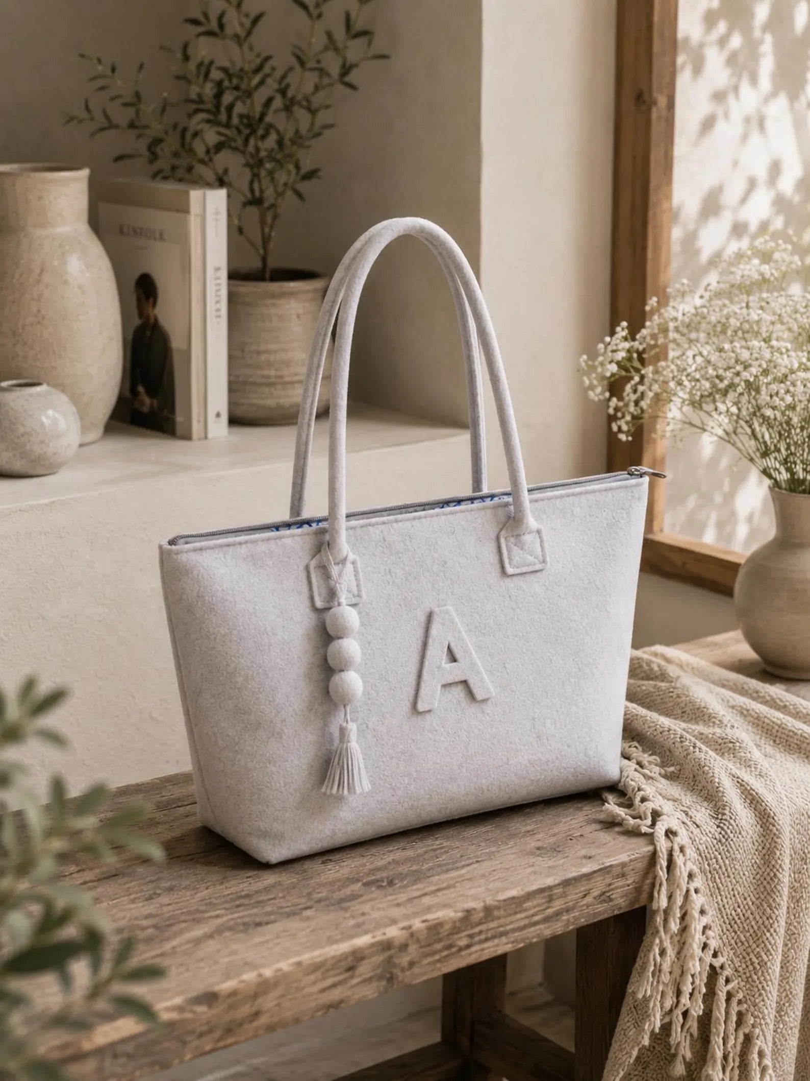 Personalized Wool Felt Tote Bag | Custom Monogram Work & Travel Handbag for Women