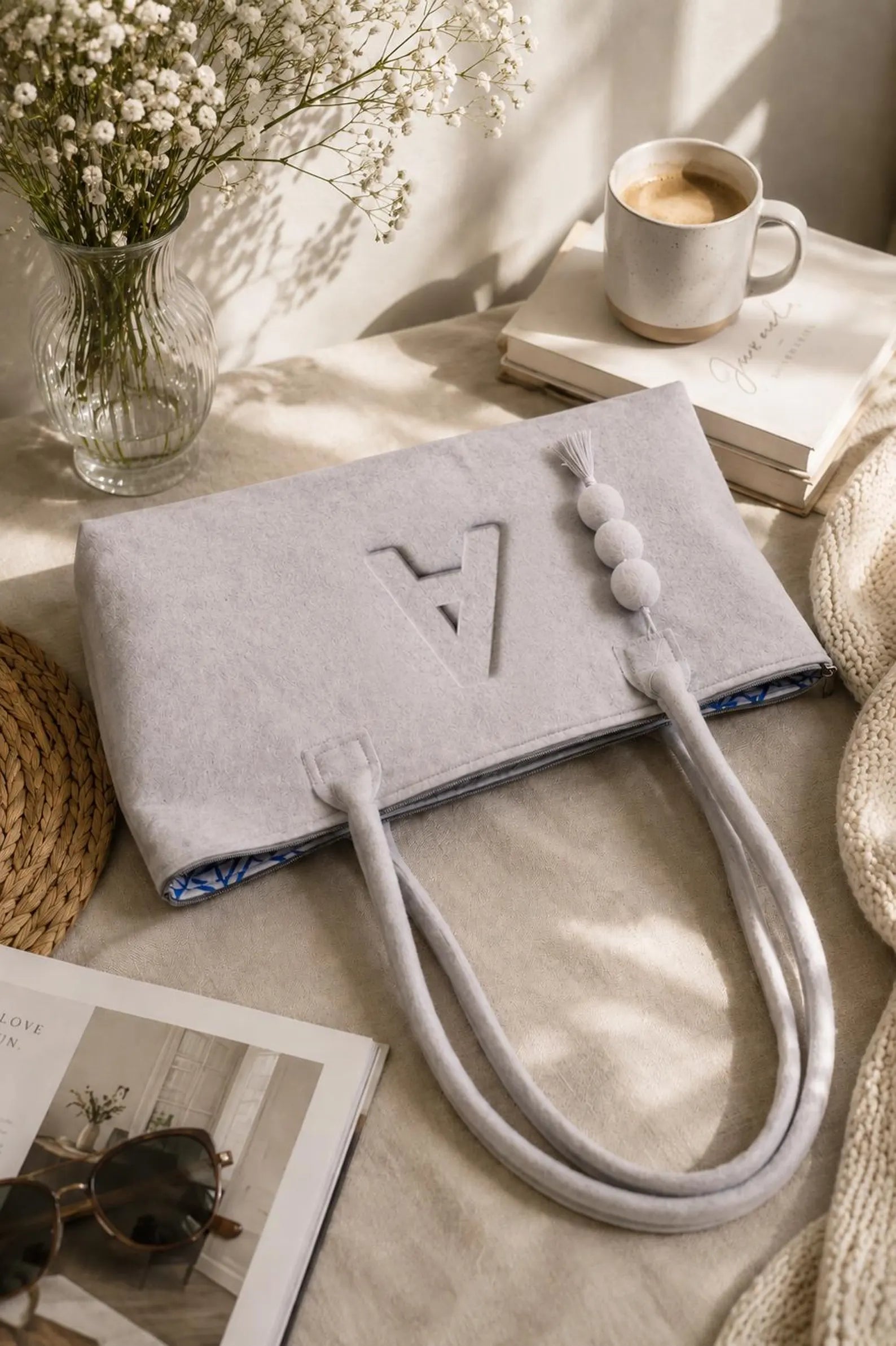 Personalized Wool Felt Tote Bag | Custom Monogram Work & Travel Handbag for Women