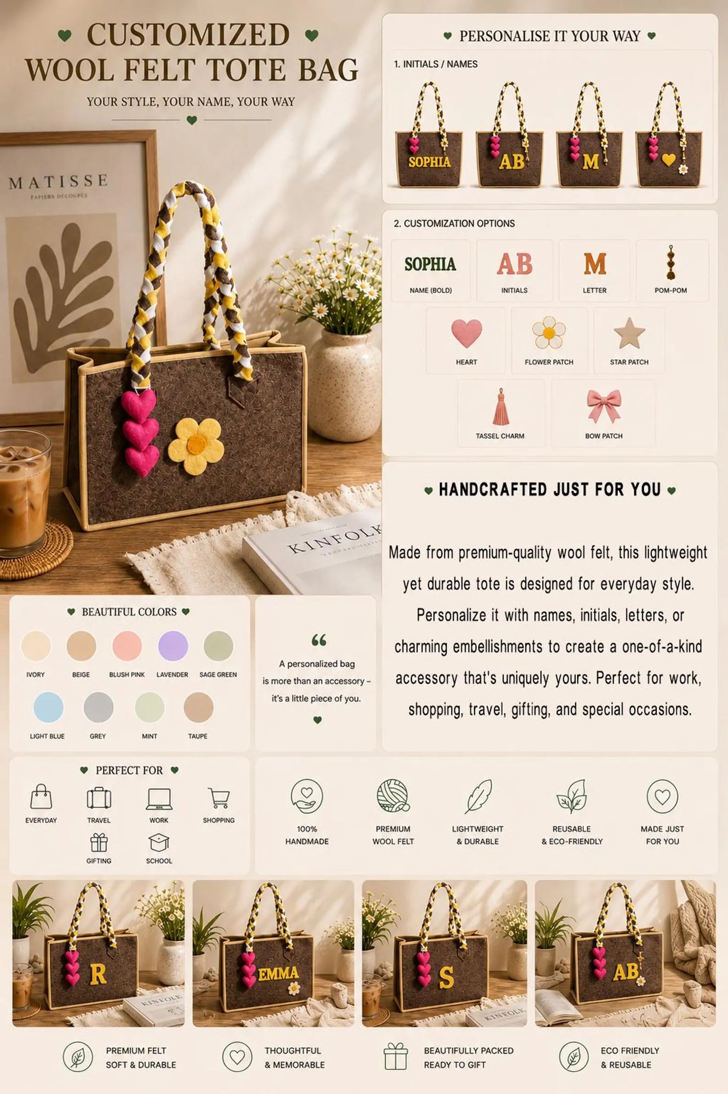 Personalized Wool Felt Tote Bag | Custom Monogram Handmade Handbag for Women